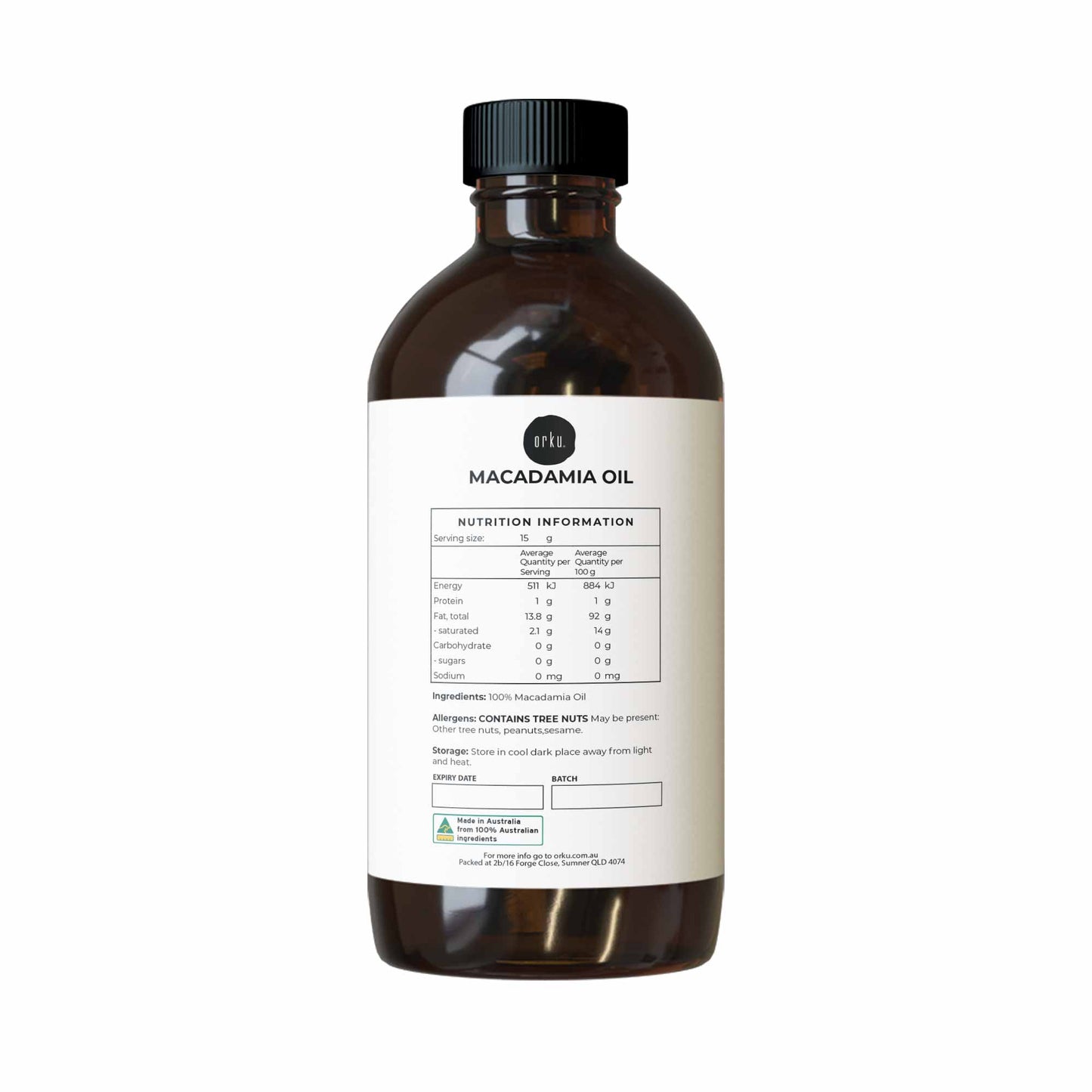500ml Orku Macadamia Nut Oil - Natural Cold Pressed Food Grade Pure Cooking Oils