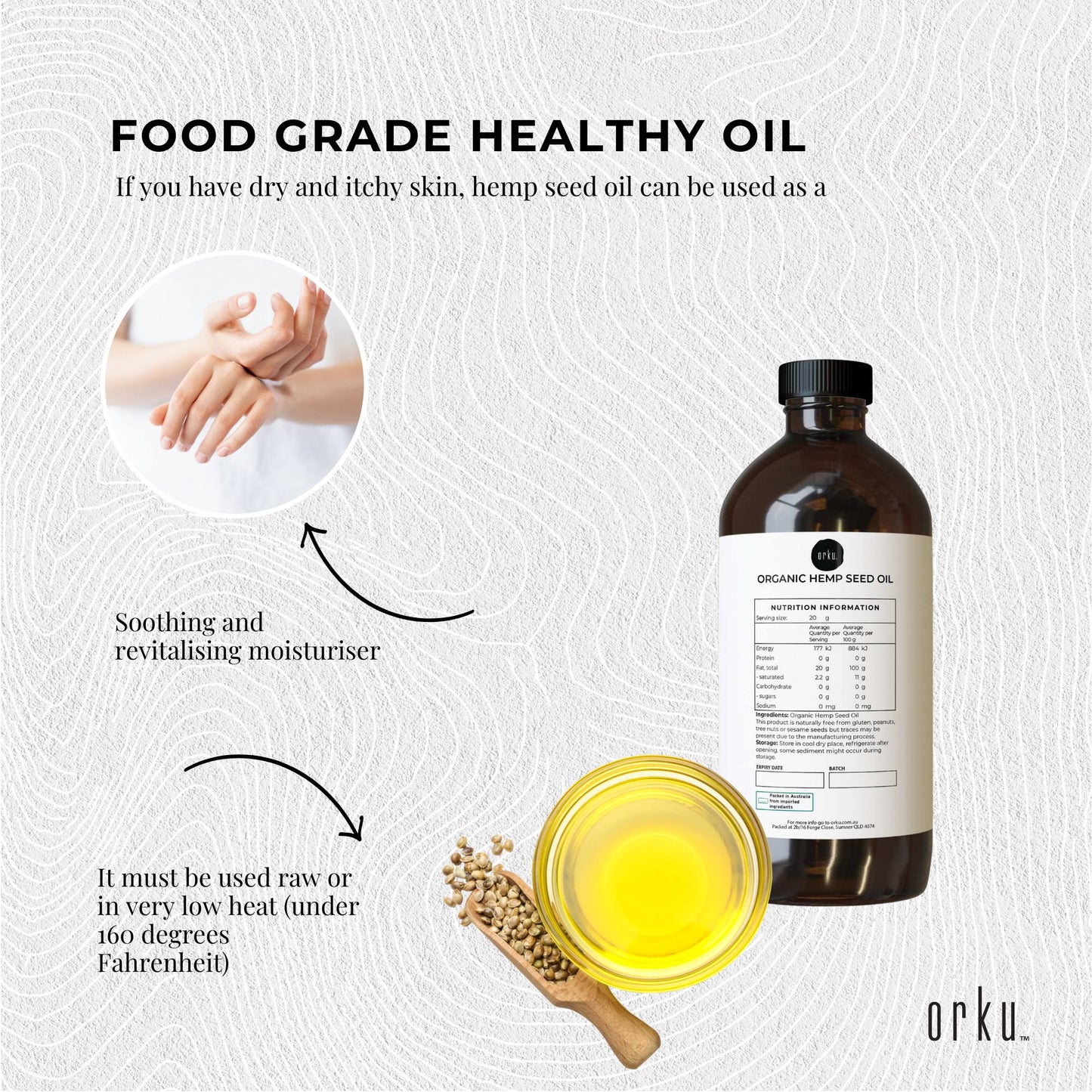 Orku 1L Organic Hemp Seed Oil - Cold Pressed Food Grade Oils