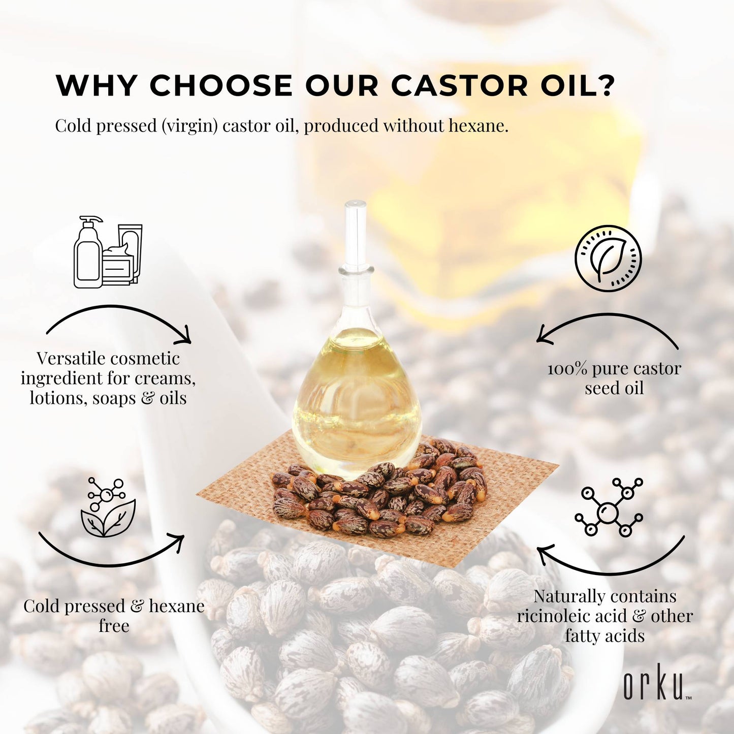 Orku 100ml Organic Castor Oil - Hexane Free Cold Pressed