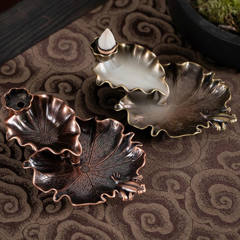 Bronze Lotus Leaf Inverted Incense Burner - Antique Indoor - Bronze Colour