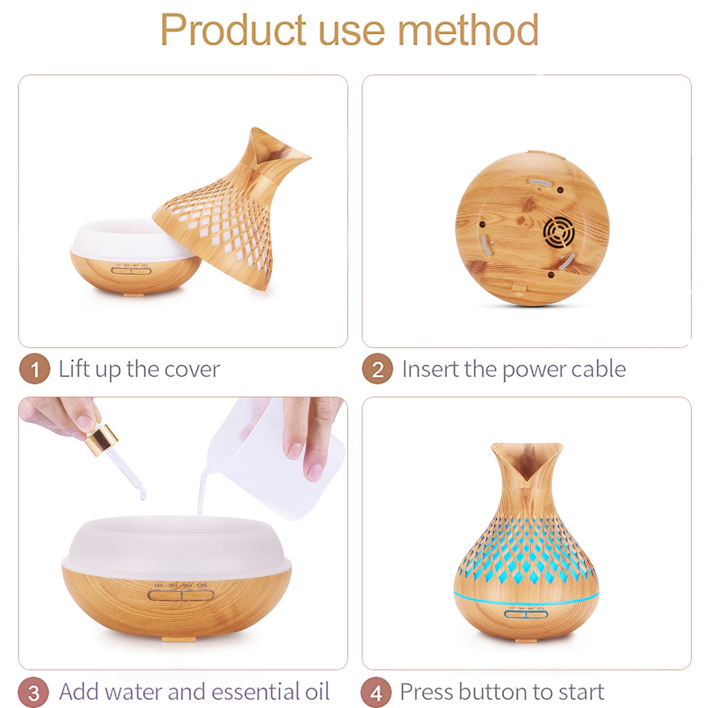 Light Woodgrain 500ml Wood-Grain Essential Oil Aroma Diffuser with Lattice Design and Humidifier